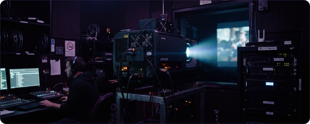 Cinema projection booth with a digital cinema projector